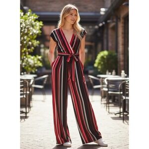 No Boundaries Womens Red Black White Striped Wide Leg Jumpsuit Wrap‎ V-Neck Chic